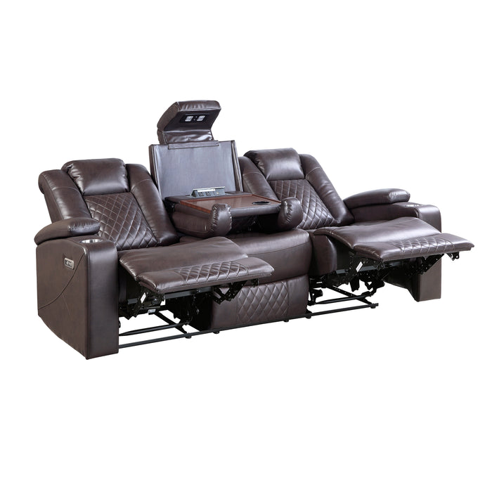 Caelan Power Double Reclining Sofa with Center Drop-Down Cup Holders, Power Headrests, Storage Arms, Cup holders and Reading Lights in Brown - 9366DB-3PWH