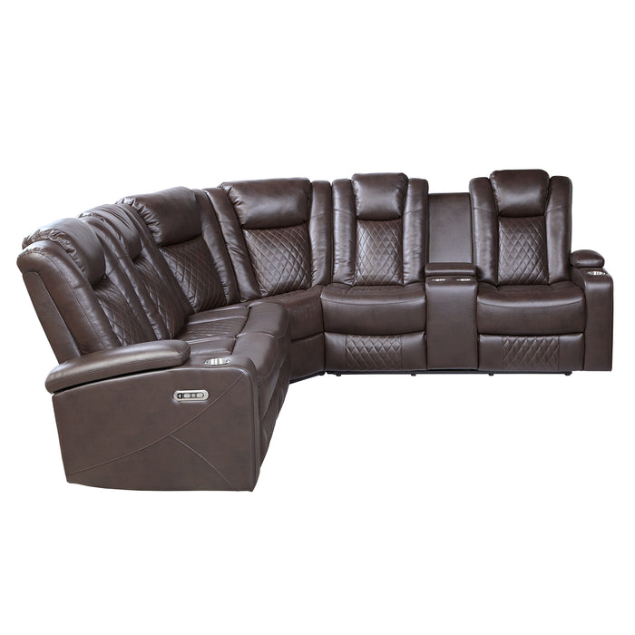 Caelan 3-Piece Power Reclining Sectional with Drop-Down Cup Holders, Reading Lights, Console, Storage Arms with Cup holders in Brown - 9366DB*SC