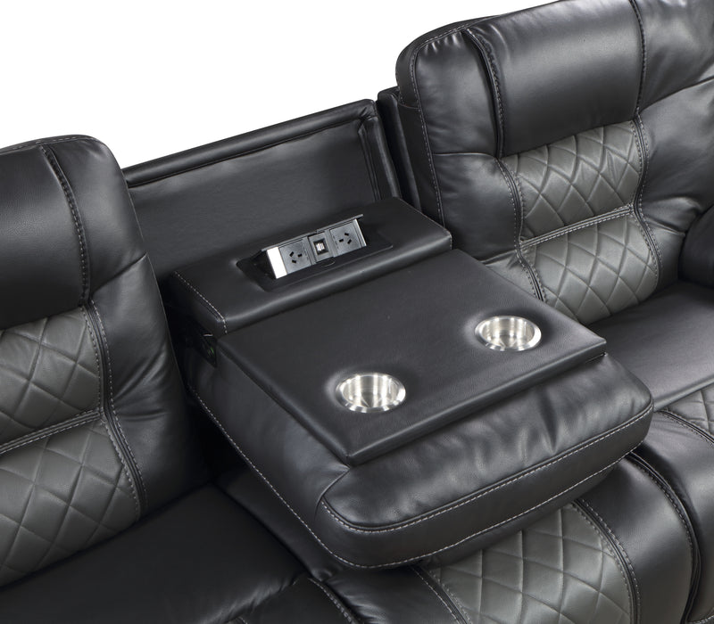 Fabian Double Reclining Sofa with Center Drop-Down Cup Holders, Receptacles and USB Ports in Gray - 9388GRY-3