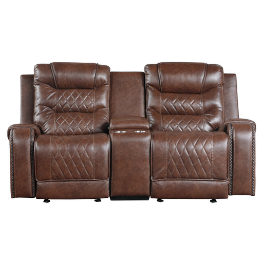 Putnam Double Glider Reclining Loveseat with Center Console, Receptacles and USB Port in Brown - 9405BR-2 image