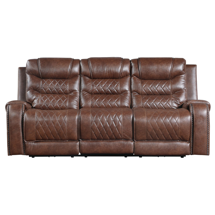 Putnam Power Double Reclining Sofa with Center Drop-Down Cup Holders, Receptacles and USB Ports in Brown - 9405BR-3PW image