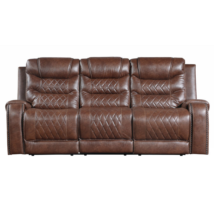 Putnam Double Reclining Sofa with Center Drop-Down Cup Holders, Receptacles and USB Ports in Brown - 9405BR-3 image