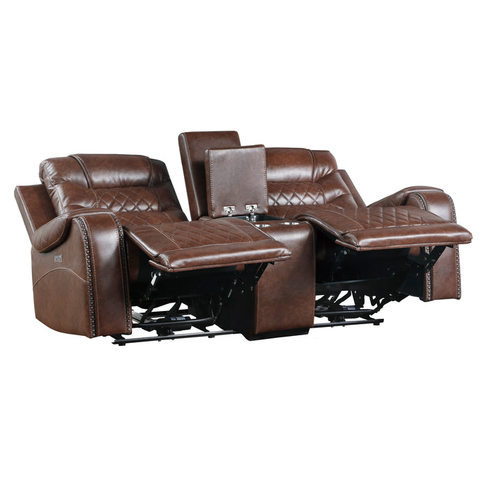 Putnam Power Double Reclining Loveseat with Center Console, Receptacles and USB Ports in Brown - 9405BR-2PW