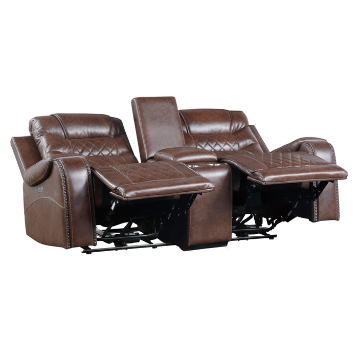 Putnam Power Double Reclining Loveseat with Center Console, Receptacles and USB Ports in Brown - 9405BR-2PW