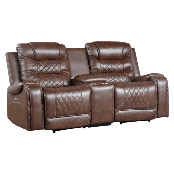 Putnam Power Double Reclining Loveseat with Center Console, Receptacles and USB Ports in Brown - 9405BR-2PW