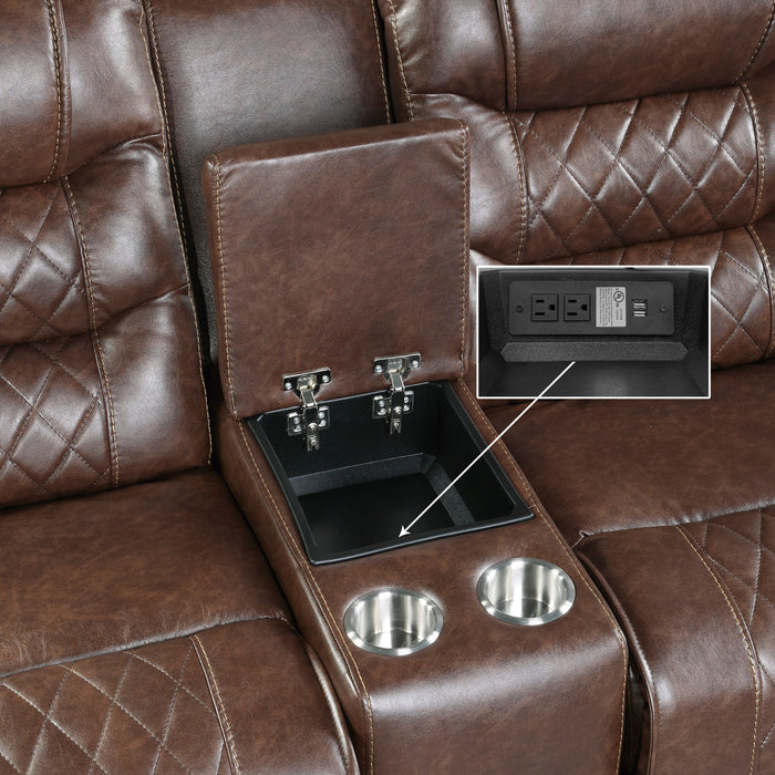 Putnam Double Glider Reclining Loveseat with Center Console, Receptacles and USB Port in Brown - 9405BR-2