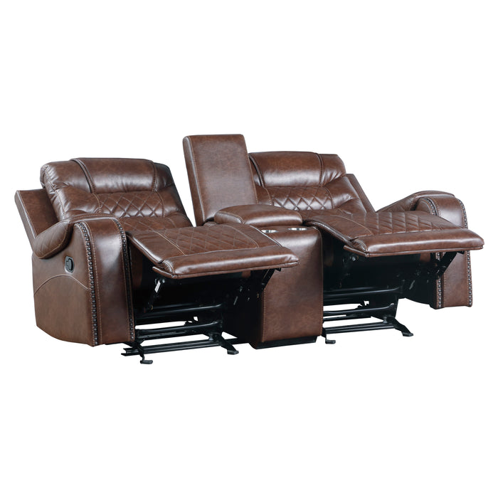 Putnam Double Glider Reclining Loveseat with Center Console, Receptacles and USB Port in Brown - 9405BR-2