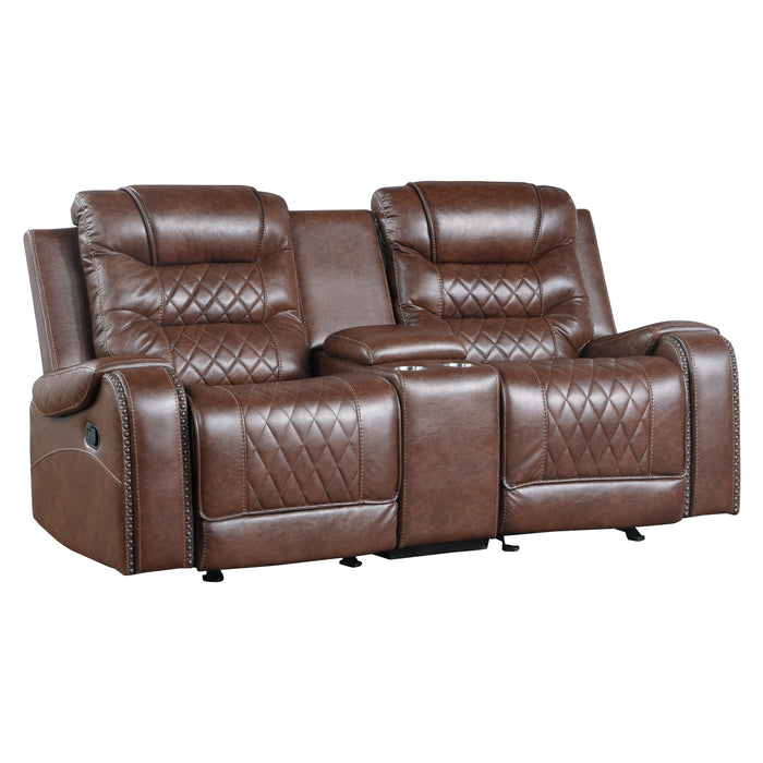 Putnam Double Glider Reclining Loveseat with Center Console, Receptacles and USB Port in Brown - 9405BR-2