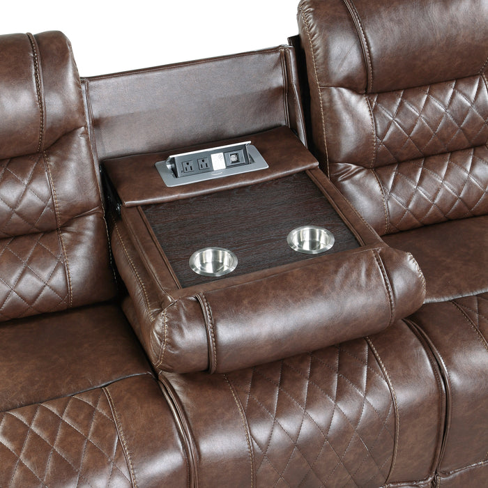 Putnam Power Double Reclining Sofa with Center Drop-Down Cup Holders, Receptacles and USB Ports in Brown - 9405BR-3PW