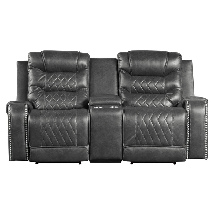 Putnam Power Double Reclining Loveseat with Center Console, Receptacles and USB Ports in Gray - 9405GY-2PW image