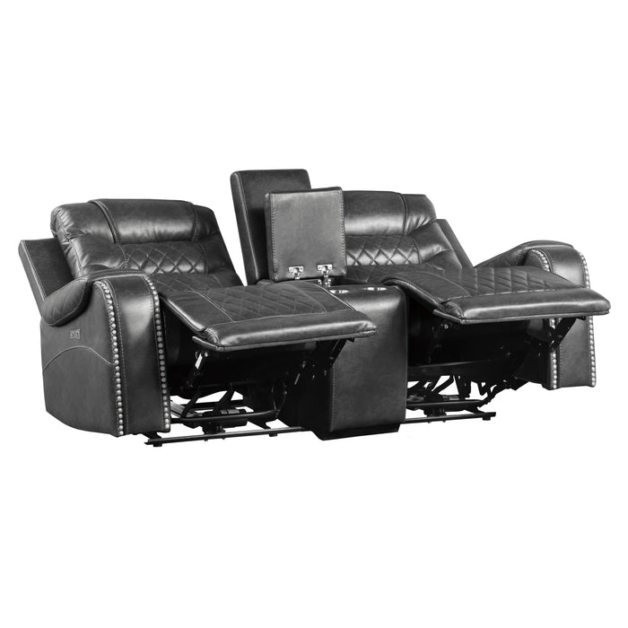 Putnam Power Double Reclining Loveseat with Center Console, Receptacles and USB Ports in Gray - 9405GY-2PW