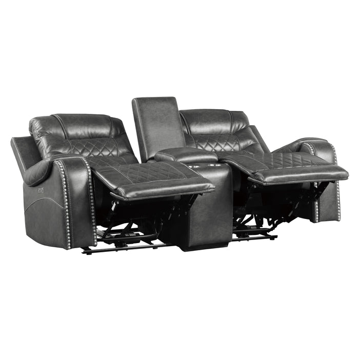 Putnam Power Double Reclining Loveseat with Center Console, Receptacles and USB Ports in Gray - 9405GY-2PW