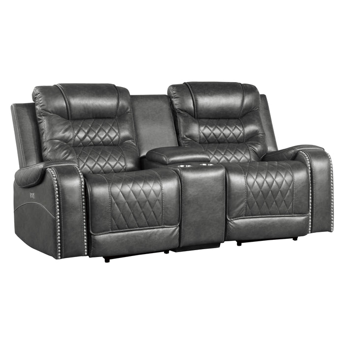 Putnam Power Double Reclining Loveseat with Center Console, Receptacles and USB Ports in Gray - 9405GY-2PW