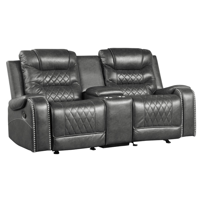 Putnam Double Glider Reclining Loveseat with Center Console, Receptacles and USB Port in Gray - 9405GY-2