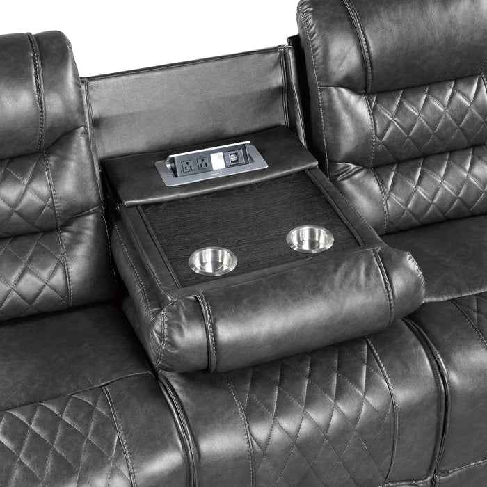 Putnam Power Double Reclining Sofa with Center Drop-Down Cup Holders, Receptacles and USB Ports in Gray - 9405GY-3PW