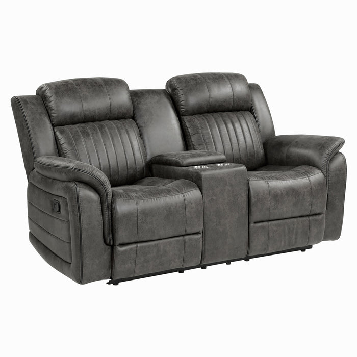 Centeroak Double Reclining Loveseat with Center Console in Gray/Brown - 9479BRG-2