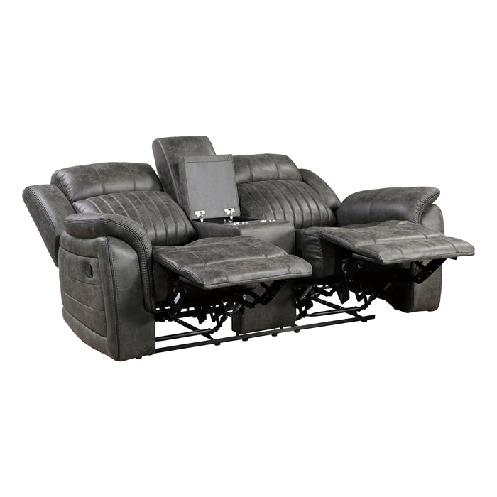 Centeroak Double Reclining Loveseat with Center Console in Gray/Brown - 9479BRG-2