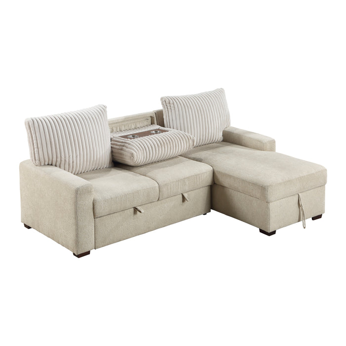 Gallatin 2-Piece Sectional with Right Chaise and Drop-Down Cup holders, Storage Pouch, Pull-out Bed and Hidden Storage in Beige - 9605BE*2LLRC