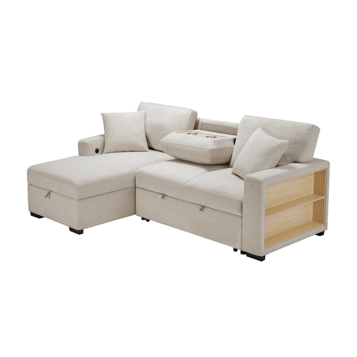 Pompano Sectional with Left Chaise, Pull-out Bed and Hidden Storage, Charging Ports in Beige - 9630BE*2LC2R