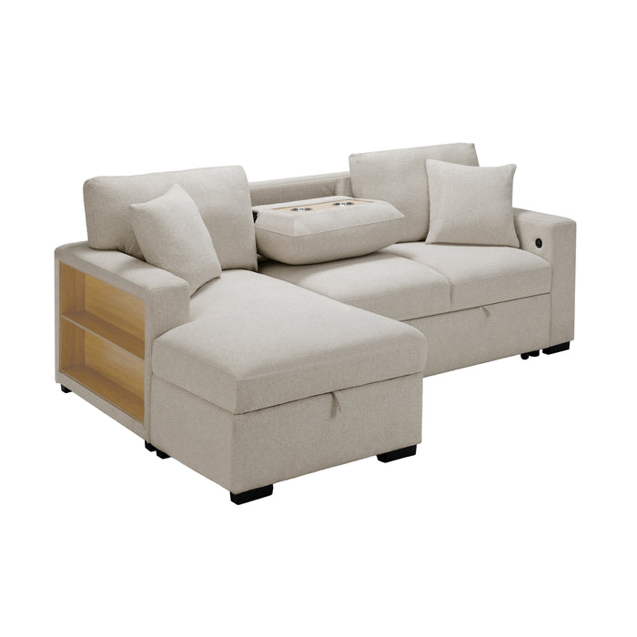 Pompano Sectional with Left Chaise, Pull-out Bed and Hidden Storage, Charging Ports in Beige - 9630BE*2LC2R