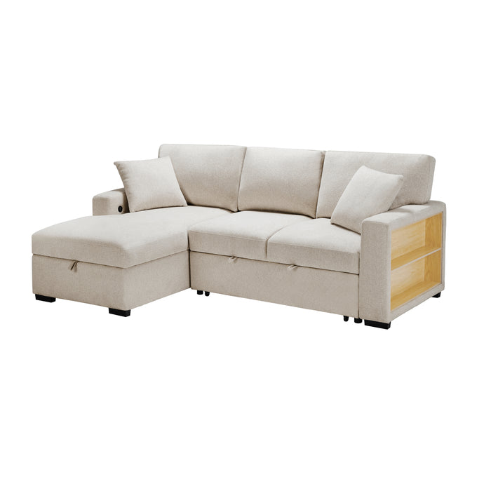 Pompano Sectional with Left Chaise, Pull-out Bed and Hidden Storage, Charging Ports in Beige - 9630BE*2LC2R