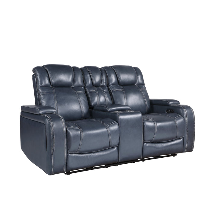 Keziah Power Double Reclining Loveseat with Center Console, Power Headrests and Storage Arms in Blue - 9640BU-2PWH