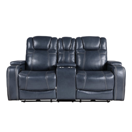 Keziah Power Double Reclining Loveseat with Center Console, Power Headrests and Storage Arms in Blue - 9640BU-2PWH image