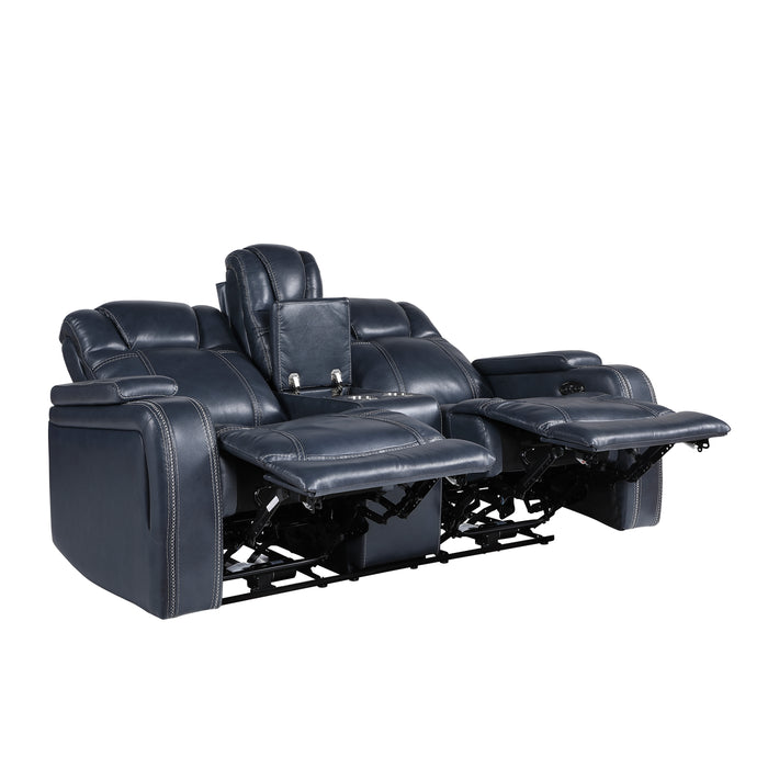 Keziah Power Double Reclining Loveseat with Center Console, Power Headrests and Storage Arms in Blue - 9640BU-2PWH