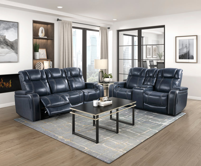 Keziah Power Double Reclining Sofa with Power Headrests and Storage Arms in Blue - 9640BU-3PWH