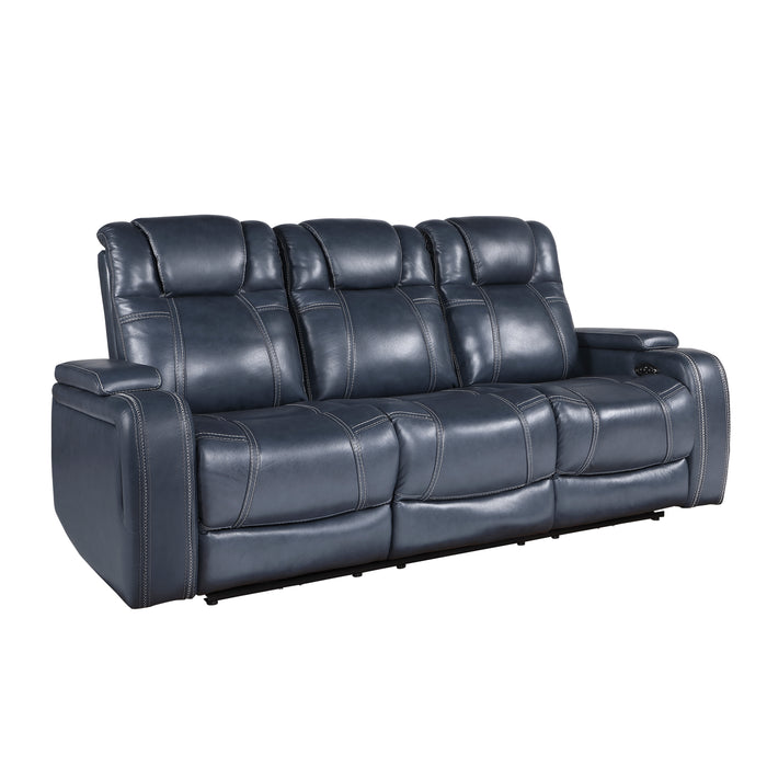 Keziah Power Double Reclining Sofa with Power Headrests and Storage Arms in Blue - 9640BU-3PWH