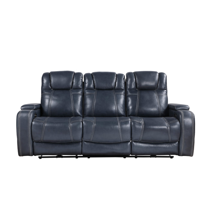 Keziah Power Double Reclining Sofa with Power Headrests and Storage Arms in Blue - 9640BU-3PWH image