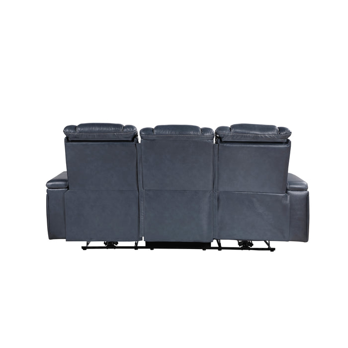 Keziah Power Double Reclining Sofa with Power Headrests and Storage Arms in Blue - 9640BU-3PWH