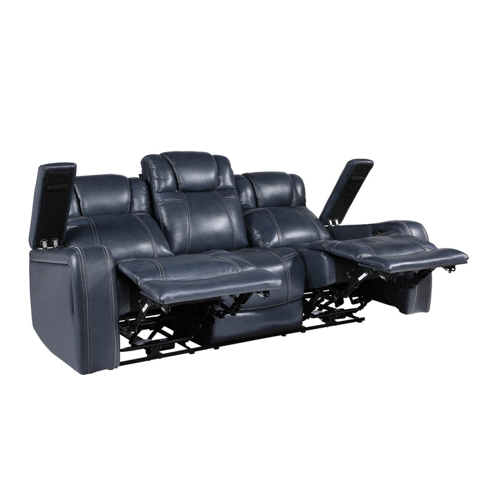 Keziah Power Double Reclining Sofa with Power Headrests and Storage Arms in Blue - 9640BU-3PWH