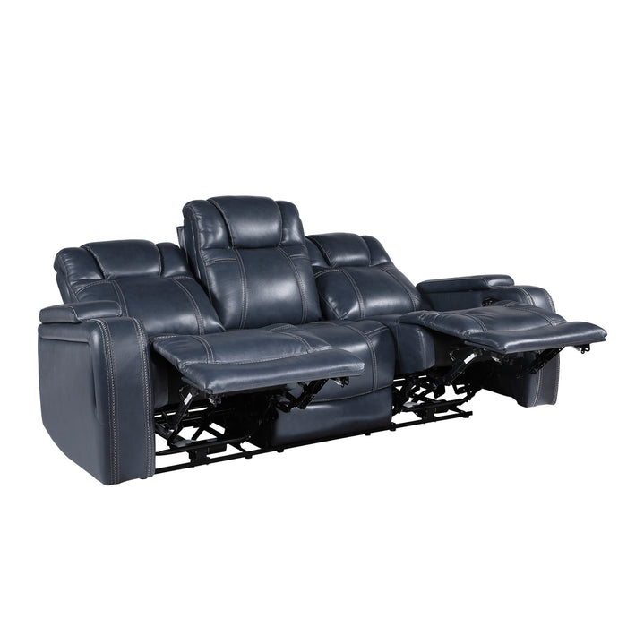 Keziah Power Double Reclining Sofa with Power Headrests and Storage Arms in Blue - 9640BU-3PWH