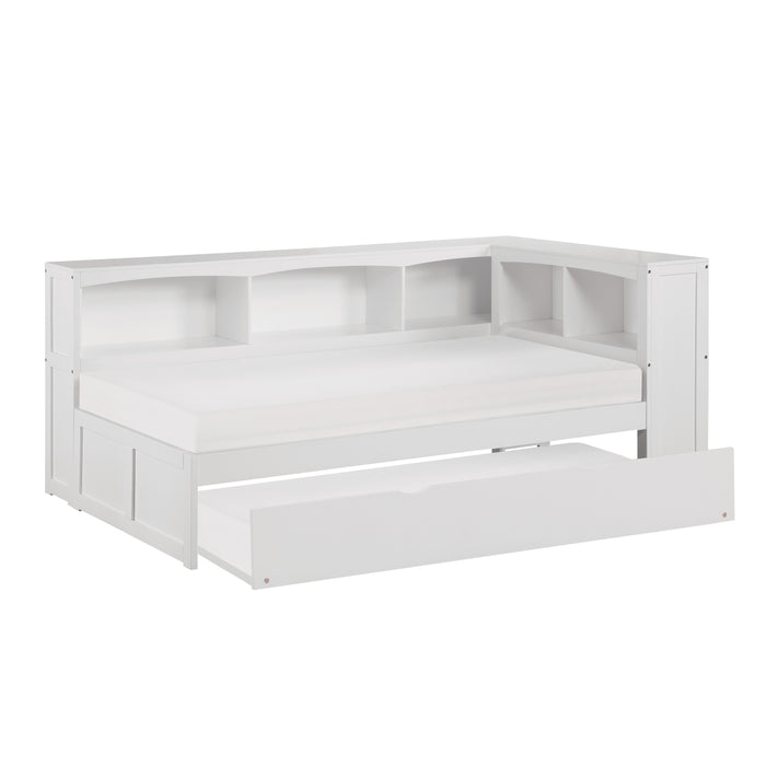 Galen (4) Twin Bookcase Corner Bed with Twin Trundle in White - B2053BCW-1BCR*