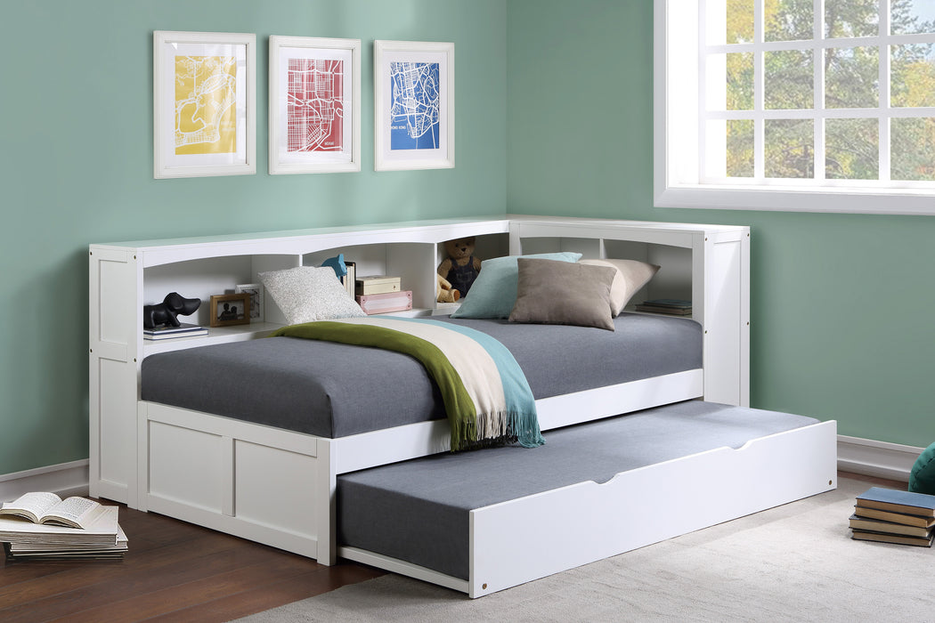 Galen (4) Twin Bookcase Corner Bed with Twin Trundle in White - B2053BCW-1BCR*