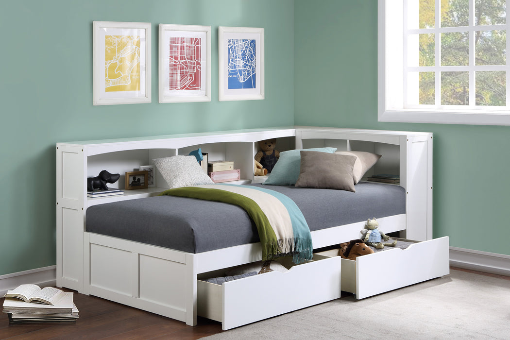 Galen (4) Twin Bookcase Corner Bed with Storage Boxes in White - B2053BCW-1BCT*