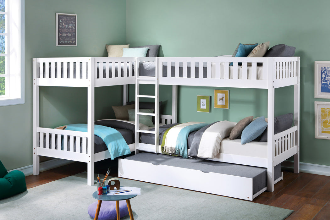 Galen (4) Corner Bunk Bed with Twin Trundle in White - B2053CNW-1R*