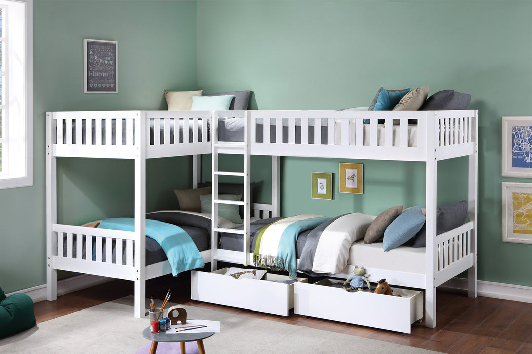 Galen (4) Corner Bunk Bed with Storage Boxes in White - B2053CNW-1T*