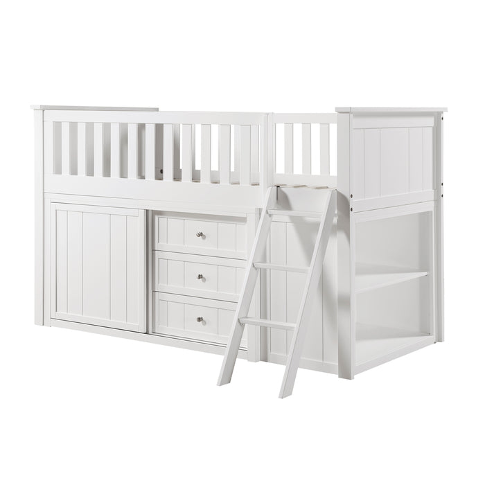 Galen (5) Low Loft Bunk with Bookcase and Dresser in White - B2053LLW-1*BCDR