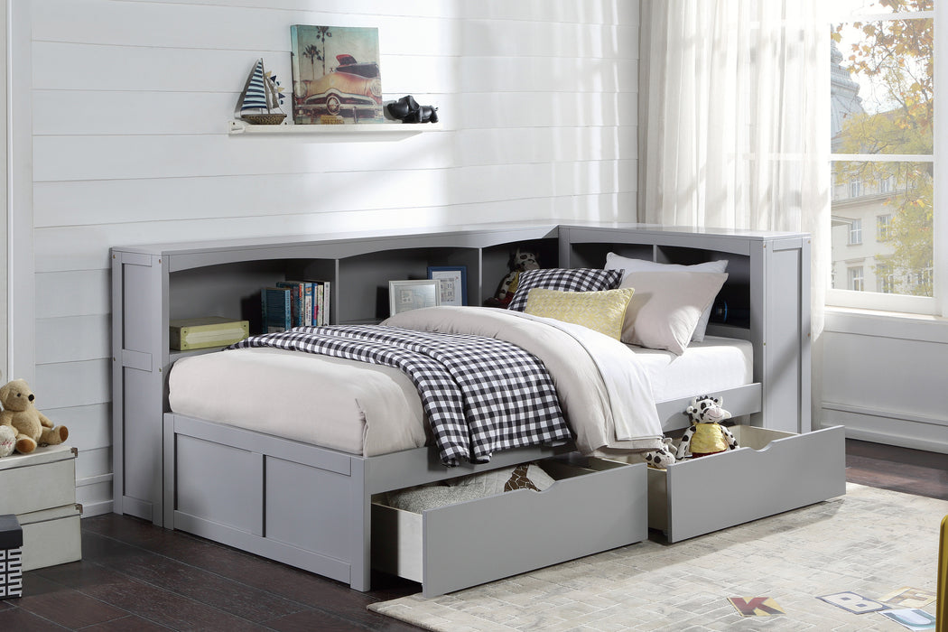 Orion (4) Twin Bookcase Corner Bed with Storage Boxes in Gray - B2063BC-1BCT*