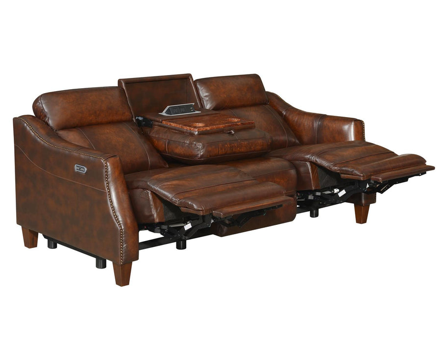 Steve Silver Akari Leather Dual Power Reclining Sofa w/ Dropdown Console in English Chestnut